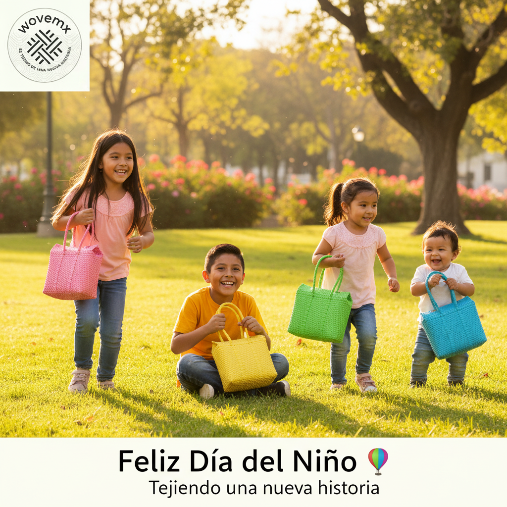 Niños mexicanos en el parque con bolsas artesanales WOVEMX - Feliz Día del Niño