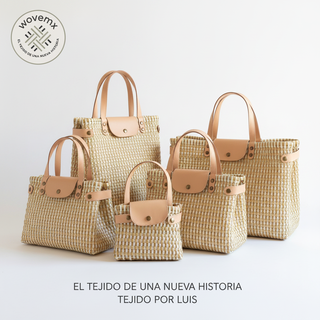 Familia de bolsas Tote Champ Wove MX - El tejido de una nueva historia, tejido por Luis