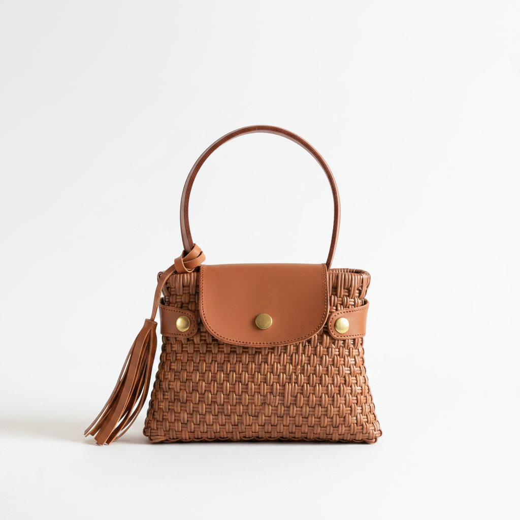 Tote Champ Mini Camel — Bolsa artesanal tejida con cesteria y plastico reciclado, acabados en cuero sintetico camel con herrajes dorados. Wove MX.